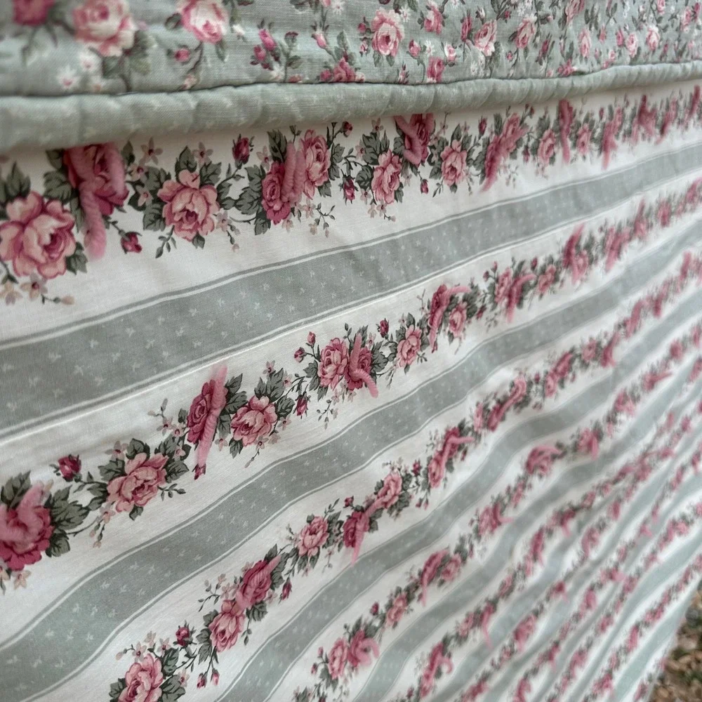 Vintage Reversible Rose Floral Sage Green Hand Tied Quilt Cottagecore 84x92